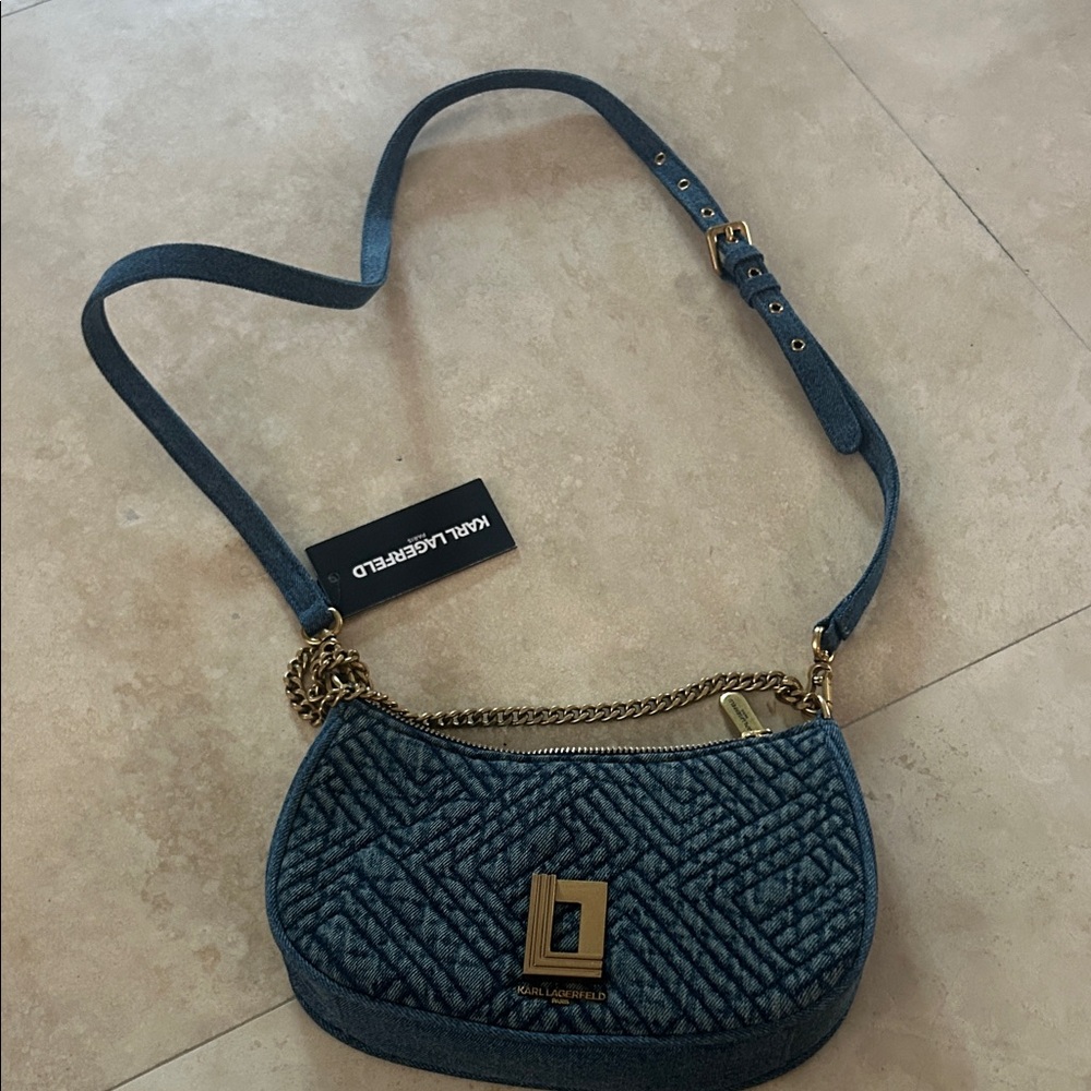 Karl Lagerfeld Denim-Textured Blue Quilted Crossbody with Gold Chain
